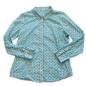 Crown & Ivy Cotton Button Down Long Sleeve Shirt, Teal, Blue, Seahorse, M